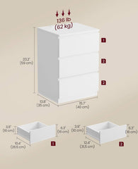 VASAGLE Nightstand w/ Charging Station & 3 Drawers - White