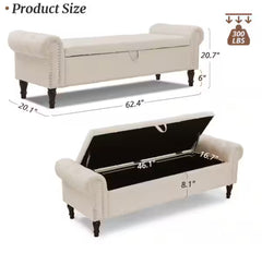 Cerella 63 Inch Linen Tufted Fabric Upholstered Storage Bedroom Bench Rolled Arm Button Tufted Storage Ottoman