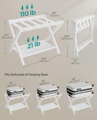 SONGMICS Bamboo Luggage Rack Folding Suitcase Stand w/ Storage Shelf Set of 2 - White