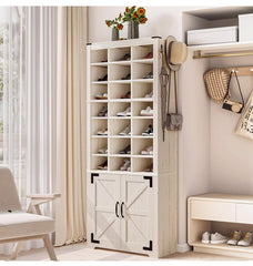 Shoe Rack Storage Cabinet w/ Doors 30 Pairs Closet Organizer 10 Tiers Vertical Entryway - Rustic White