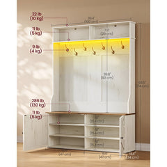 VASAGLE Hall Tree Shoe Bench Storage Farmhouse 5-in-1 Coat Rack w/ Adjustable LED Light - Rustic White ***open box***