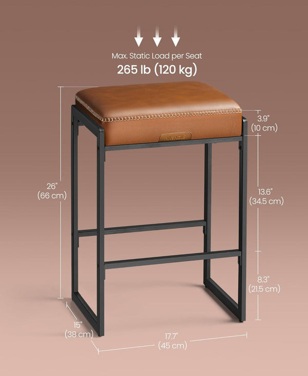 26" Counter Height Leather Bar Stool w/ Stitching Mid-Century Modern Stools - Caramel Brown