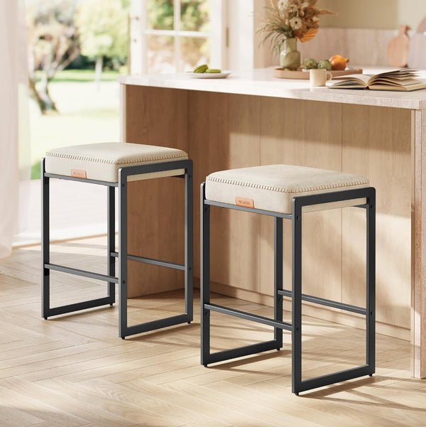 26" Counter Height Bar Stools Leather w/ Stitching Mid-Century Modern Set of 2 - Cream White