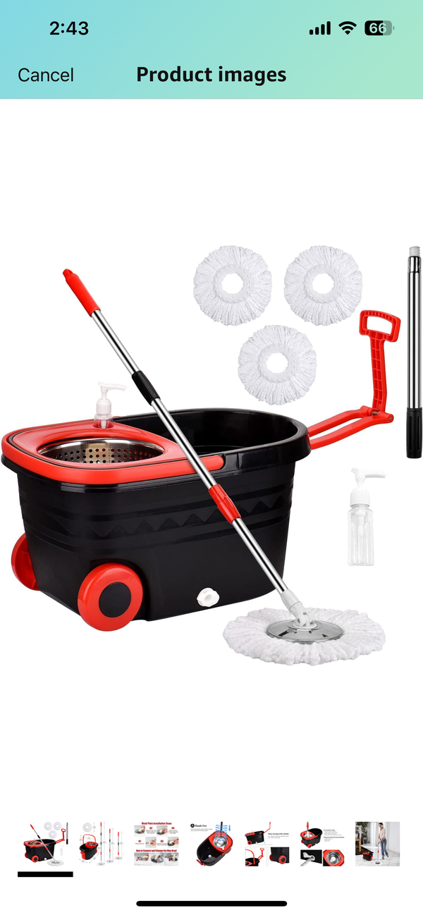 Spin Mop and Bucket with Wringer Set on Wheels, 360° Spinning Mop Bucket System with 3 Microfiber Mop Replacement Heads and 61" Stainless Steel Adjustable Handle for Floor Cleaning