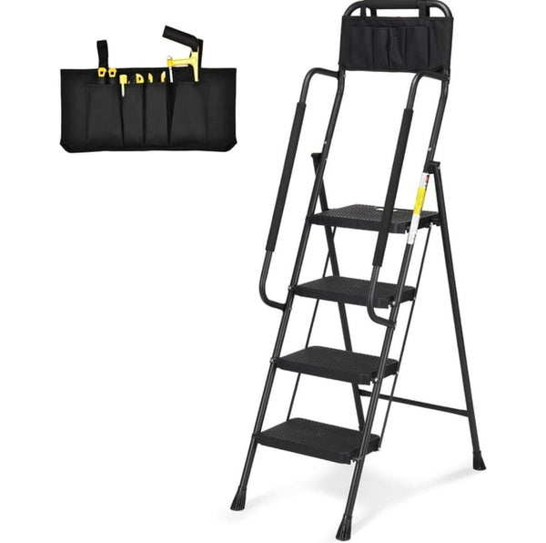 HBTower 4 Step Ladder with Handrails Folding Step Stool with Attachable Tool Bag