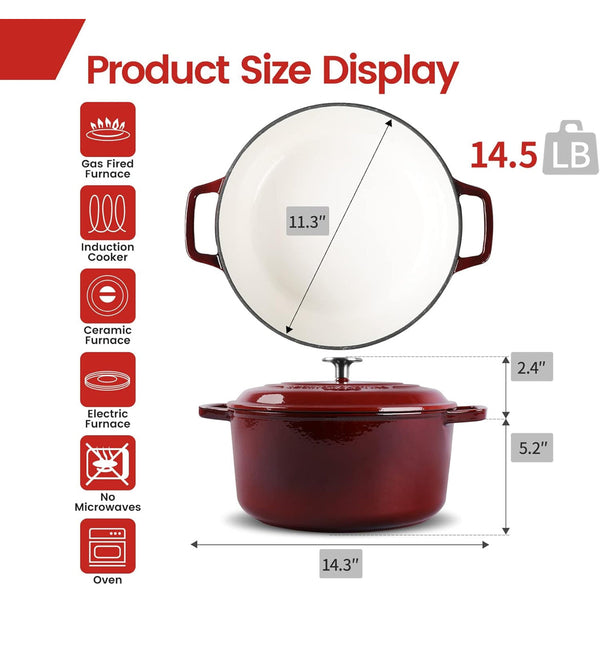 Enameled Cast Iron Dutch Oven with Lid 7.5 Quart - Red