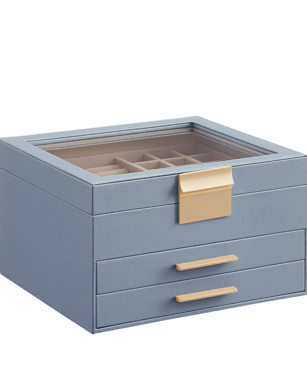 SONGMICS Jewelry Box Organizer with Glass Lid 3-Layer Jewelry Storage with 2 Drawers - Smoky Blue and Gold