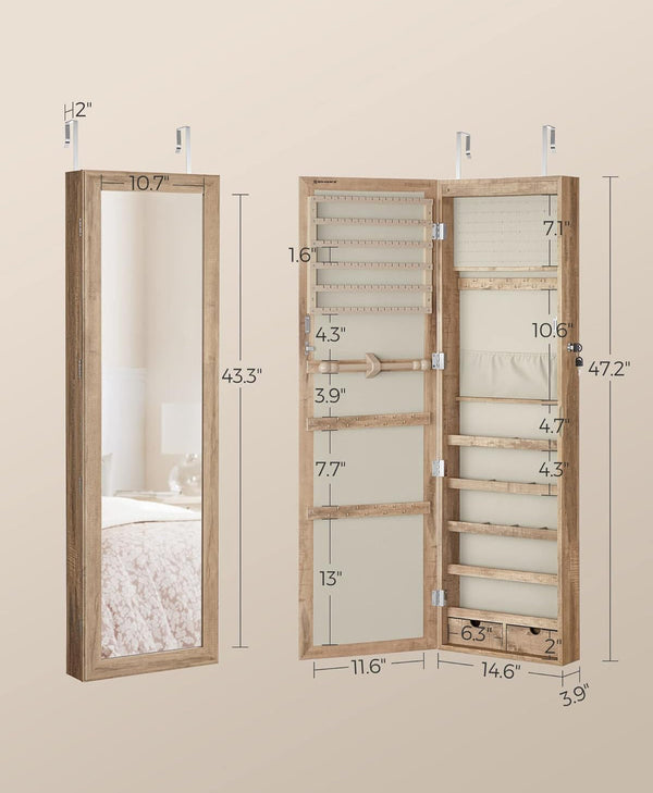 SONGMICS 6 LEDs Mirror Jewelry Cabinet Lockable Wall or Door Mounted Jewelry Armoire Organizer with Mirror - Toasted Oak