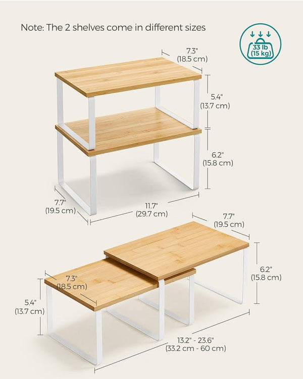 SONGMICS Spice Rack Stackable Expandable Set of 2 - Cloud White and Natural Beige