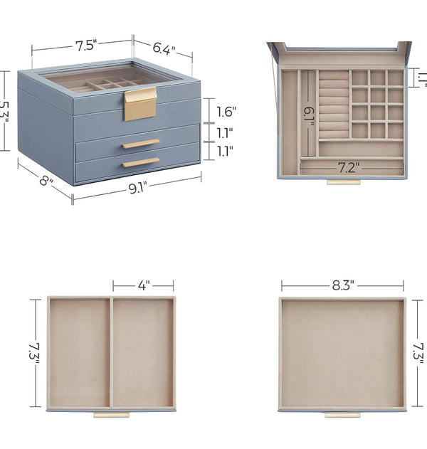 SONGMICS Jewelry Box Organizer with Glass Lid 3-Layer Storage - Smoky Blue