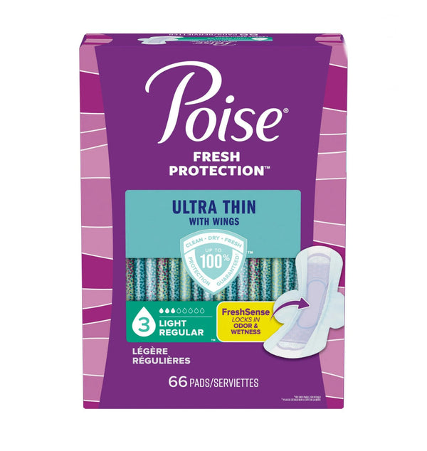 Poise Ultra Thin Incontinence Pads with Wings 3 Drop Light Absorbency 66 Count