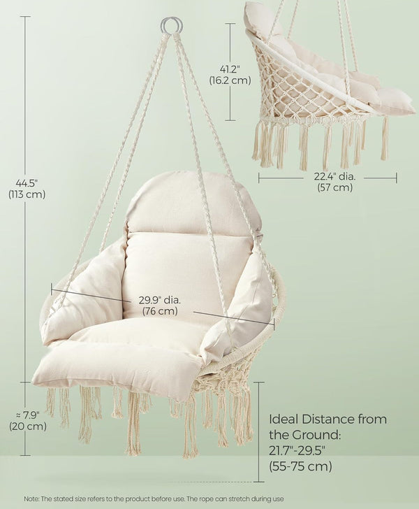 SONGMICS Hanging Chair Hammock with Large Thick Cushion Hold Up 264lb - Cream White