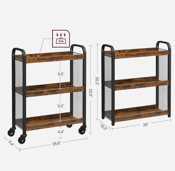 VASAGLE 3-Tier Narrow Storage Cart Rolling Cart with Wheels Steel Frame - Brown