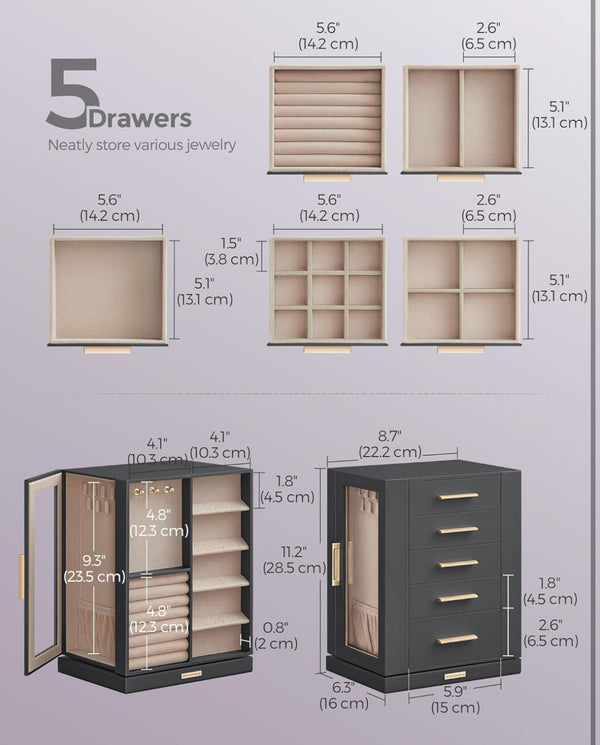 SONGMICS Jewelry Box 360° Rotating Storage Case with 5 Drawers Organizer - Slate Gray