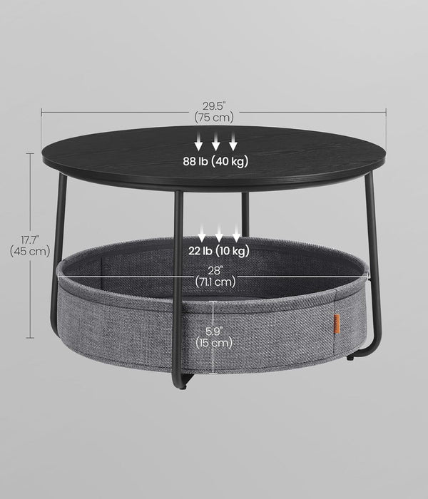 VASAGLE Round Coffee Table with Fabric Basket - Ink Black / Slate Gray