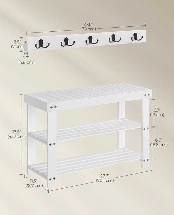 SONGMICS Coat Rack Shoe Bench 3-Tier Bamboo w/ 5 Double Metal Hooks - White