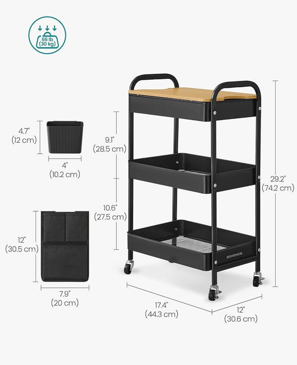 SONGMICS 3-Tier Storage Trolley Rolling Cart with Table Top - Black