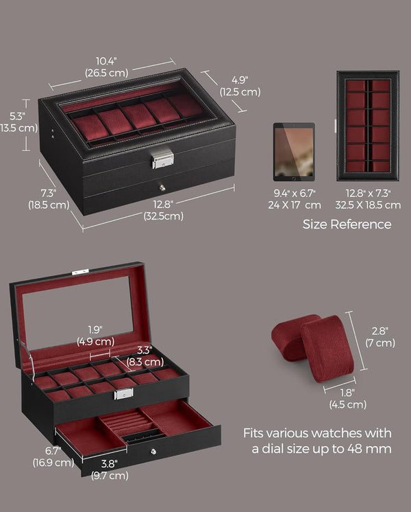 SONGMICS 12-Slot Watch Box Case with Glass Lid 2 Layers with 1 Drawer - Black