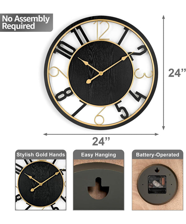 Sorbus 24" Wall Clock Decorative Battery Operated Analog Clock - Black/Gold