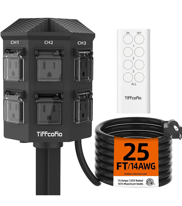 Tiffcofio Outdoor Remote Control Power Strip 25FT Extension Cord Waterproof 6 Grounded Outlets 14 AWG 15A/1875W