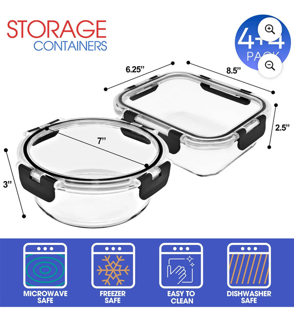 Sorbus Round Rectangular Glass Meal Prep Containers with Airtight Lids 8pk