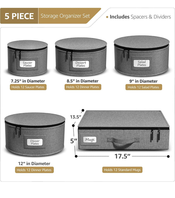 Sorbus China Storage Containers Hard Shell Glass & Dish Storage Containers 5pc - Gray