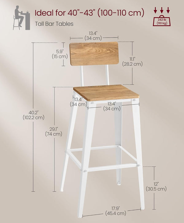 VASAGLE 29.1" Tall Barstools with Back Steel Frame Farmhouse Style - White
