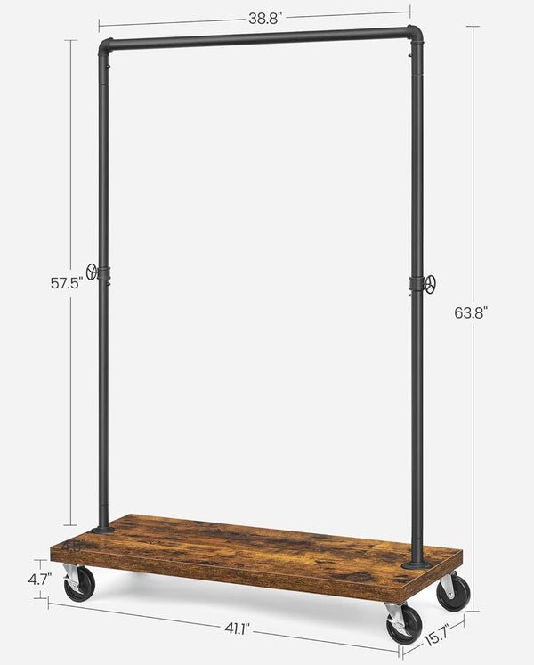 VASAGLE Heavy Duty Clothing Rack Industrial Pipe Style Rolling Garment Rack with Shelf - Brown