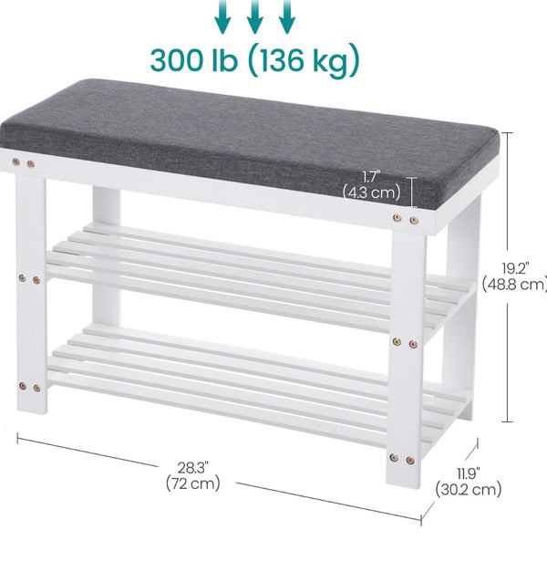SONGMICS Bamboo Shoe Bench 3-Tier Rack Organizer Entryway w/ Cushion - Cloud White / Slate Gray