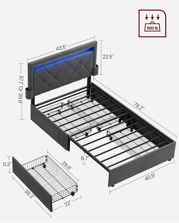 VASAGLE LED Bed Frame w/ Adjustable Upholstered Headboard and 4 Drawers Twin Size - Gray