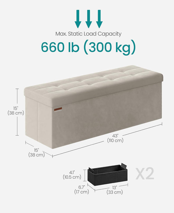 SONGMICS 43" Velvet Folding Storage Ottoman Bench Foot Rest with Trays - Cream White