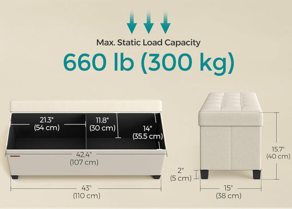 SONGMICS 43" Folding Storage Ottoman Bench Foot Rest with legs - Cream White