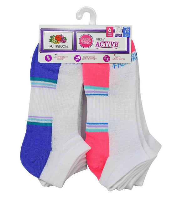 Fruit of the Loom 6pk Girls Active Low Cut White Socks Size 4-10