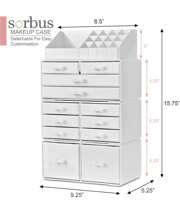 Sorbus Large Makeup Organizer  Stackable Jewelry  Makeup Organizer 12 Drawer - White