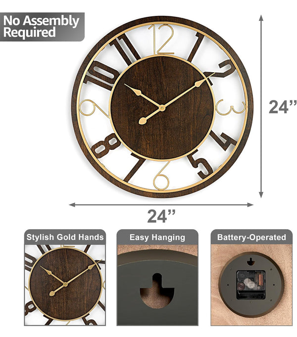 Sorbus 24" Metal Wall Clock Standard Numeral - Gold/Brown