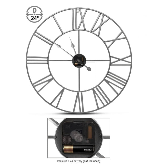 Sorbus 24" Metal Wall Clock Roman Numeral - Silver