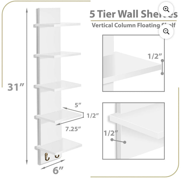 Sorbus 5 Tier Wall Shelf Unit with Hooks - White