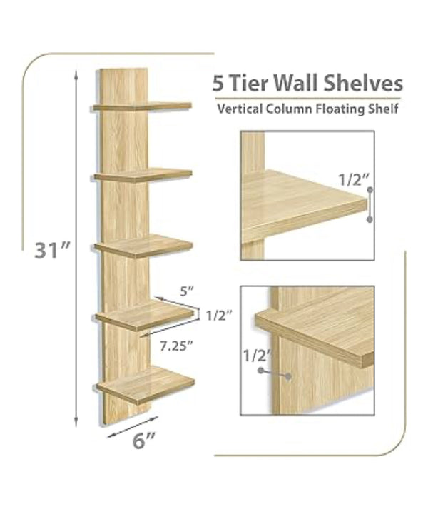Sorbus 5 Tier Wall Shelf Unit with Hooks - Maple Wood