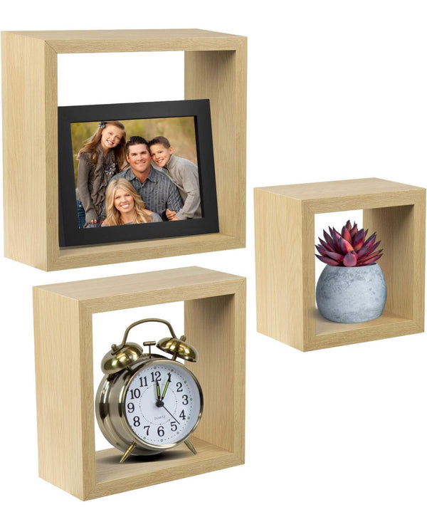 Sorbus 3pk Floating Box Shelves 9" 7" 5" Square - Maple Wood