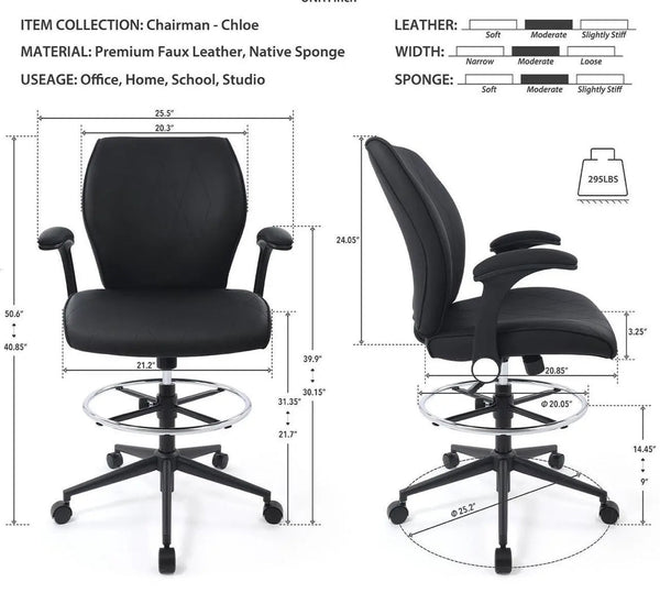CHAIRMAN® Ergonomic Padded Mid-Back Faux Leather Swivel Adjustable Drafting Chair Flip-up Arms & Foot Ring