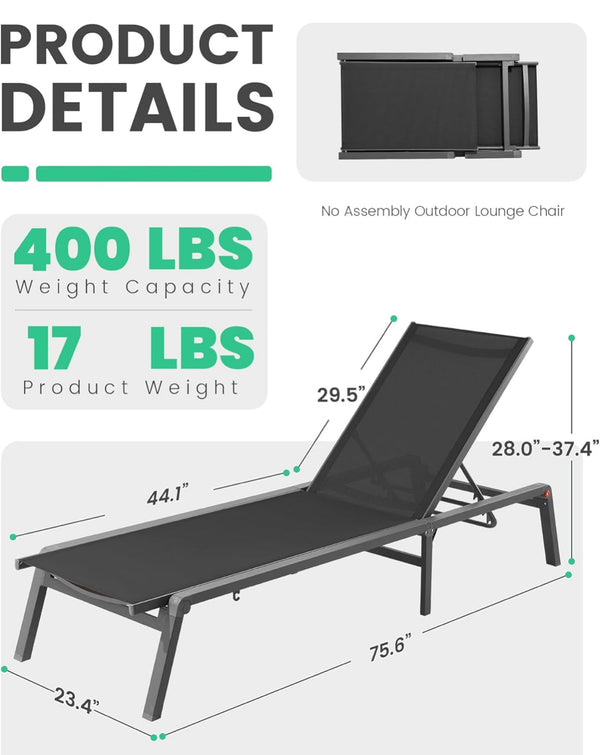 Aluminum Chaise Lounge Chair Outdoor Patio Adjustable 5-Position Recliner Back - Grey/Black