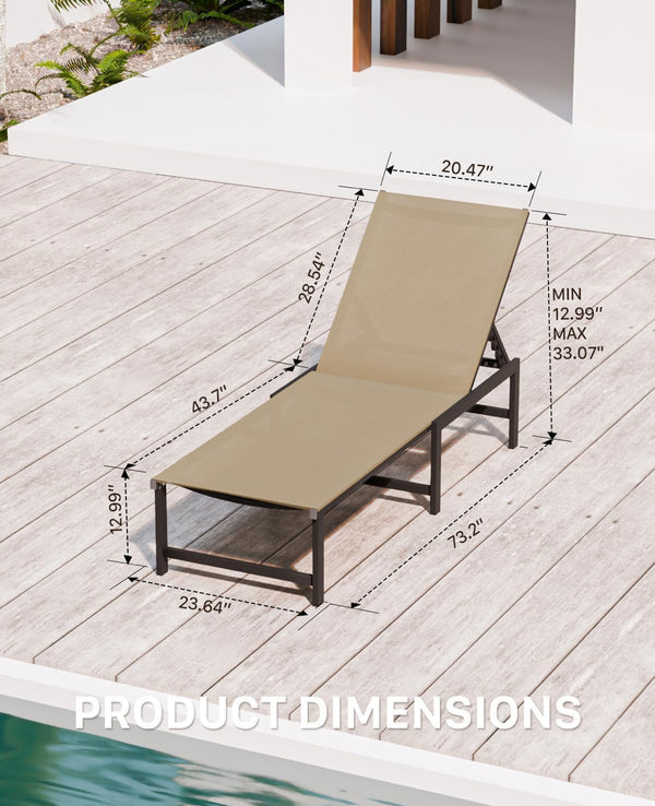 Aluminum Chaise Lounge Chair Outdoor Patio Adjustable 5-Position Recliner Back - Khaki/Grey
