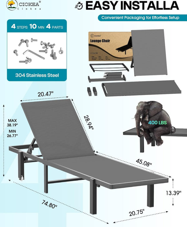 Aluminum Chaise Lounge Chair Outdoor Patio Adjustable 5-Position Recliner Back W/ Wheels - Grey
