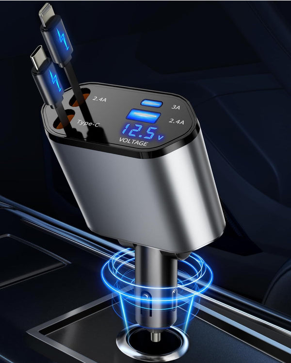 Retractable Car Charger 4 in 1 Fast Charging Car Charger USB-C & USB-A