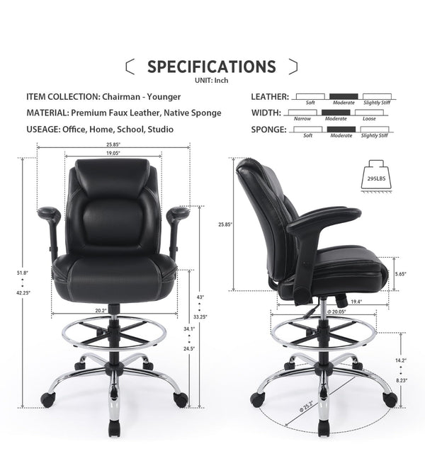 CHAIRMAN Ergonomic Mid-Back Premium Faux Leather Adjustable Drafting Chair w/ Multi-Function Arms & Foot Ring - Black