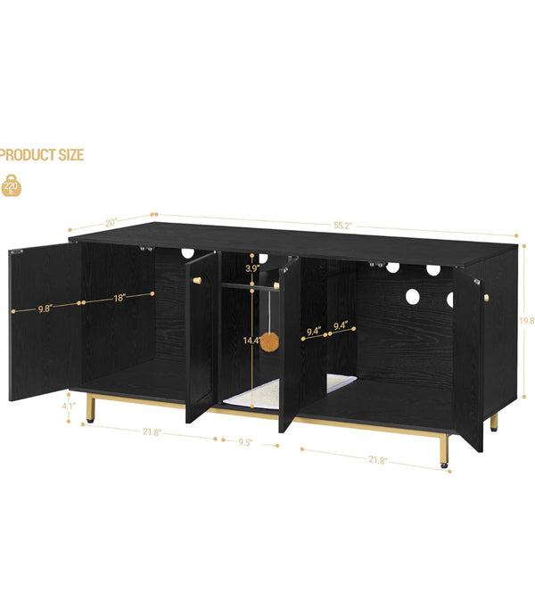 Cat Litter Box Enclosure Hidden Litter Box Furniture Storage Cabinet Bench 55.2 x 20 x 23.9 inches Black and Gold