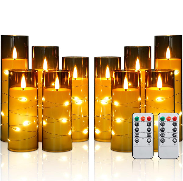Enido 10 Pc Flameless LED Candles with Remote Timer Battery Operated Acrylic Pillar Set - Gray
