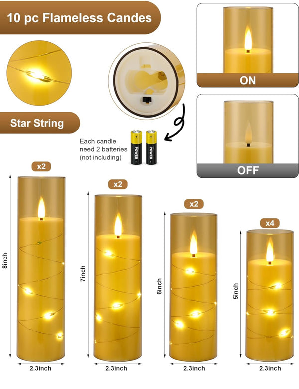 Enido 10 Pc Flameless LED Candles with Remote Timer Battery Operated Acrylic Pillar Set - Gold