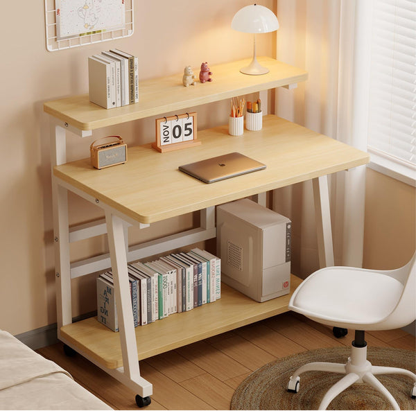 Desk for Small Space Rolling Computer Desk with Wheels 31.5"L x 20"W x 35.5"H - White / Tan