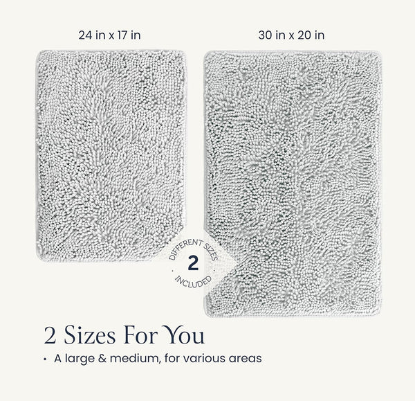 BELADOR Plush Bath Mat Quick-Dry Chenille Bathroom Mats with Rubber Backing 2pc - White